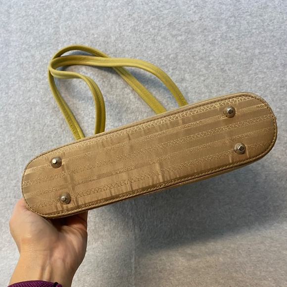 Rochas Paris Two Handle Purse Fabric & Leather 10" Tan / Green Phone Pouch - Picture 4 of 14